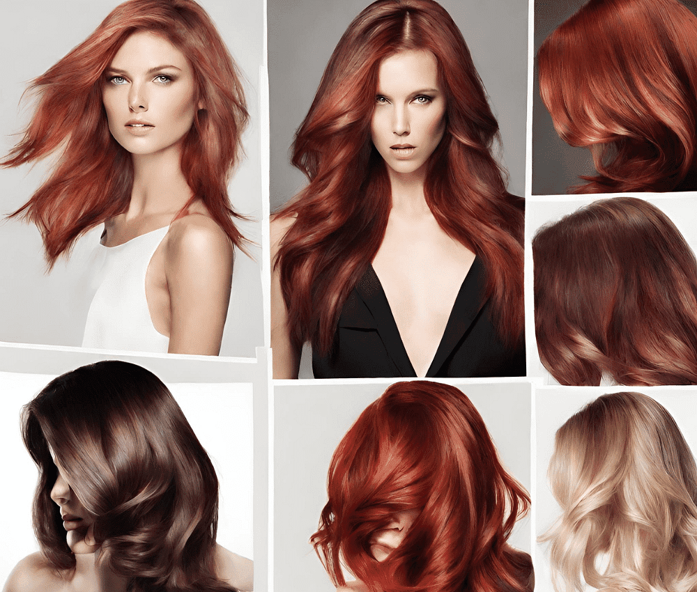 Collage of different hairstyles and hair colors on a woman.